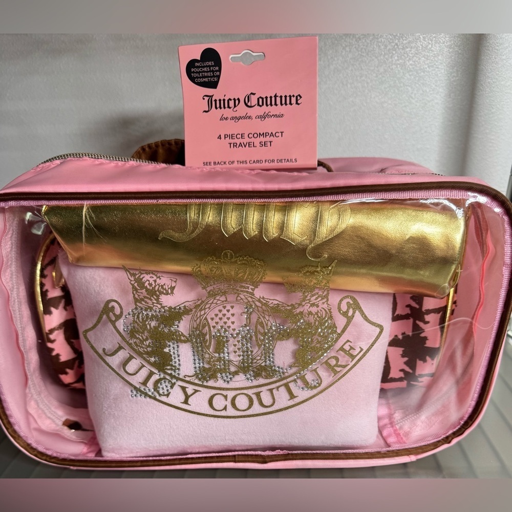 Juicy Couture Pink and Gold Compact travel Set cosmetic bags 4 count